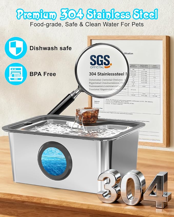 12L/3gal Stainless Steel Large Dog Water Fountain for Large Dog, Electric Pet Water Dispenser with Water Level Window&LED, Cat and Dog Fountain Water Bowl for Multi-Pet Home,Super Quiet