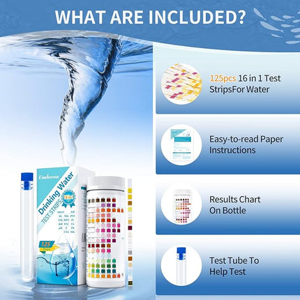 16 in 1 Premium Water Test Kit - 125 Home Water Quality Test Strips for Well and Tap Test Kit - Testing for pH, Hardness, Chlorine, Lead, Iron, Copper, Nitrate, Nitrite, etc