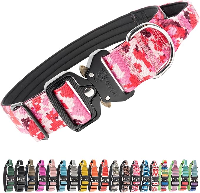 TSPRO Premium Dog Collars Tactical Dog Collar with Handle and Heavy Duty Quick-Release Metal Buckle Durable Thick and Adjustable for Medium to Large Dogs (Camo Pink L)
