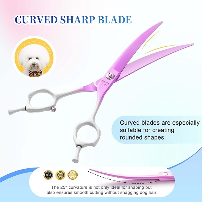 Curved Dog Grooming Scissors Violet to White Gradient 440C Stainless Steel Sharp Durable Dog Shears for Professional or Home Use Ergonomic Handle with 2 Silicone Finger Rings