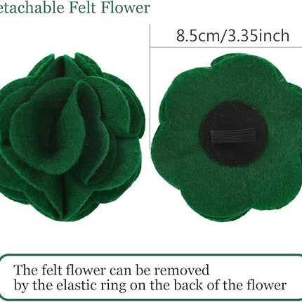 ARING PET Velvet Dog Collars, Dark Green Soft Pet Collar with Detachable Felt Flower Metal Buckle for Puppy Small Medium Large Boy Girl Dogs-XL