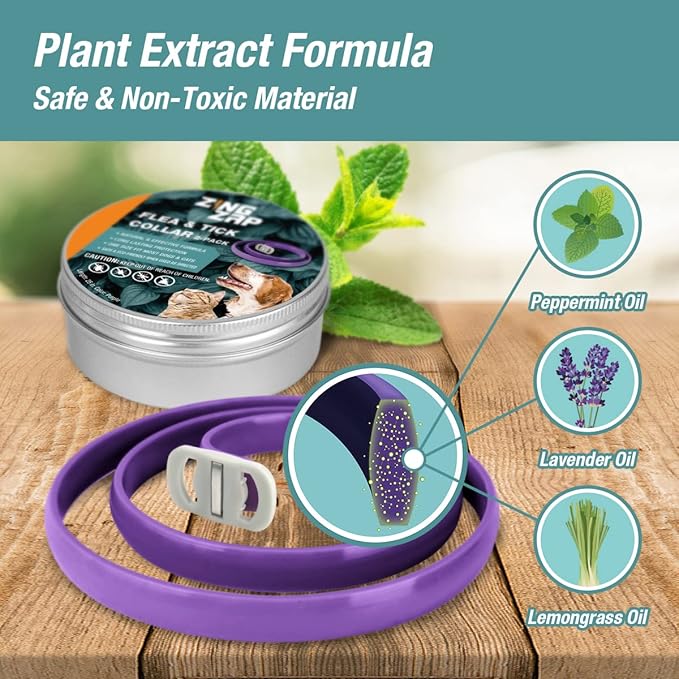 ZingZap Flea & Tick Collar 2-Pack Purple, Protects from Biting Insects, Adjustable Fits Both Dogs & Cats, Built-in Plant Based Formula, Slow Release Lasting Protection, Waterproof