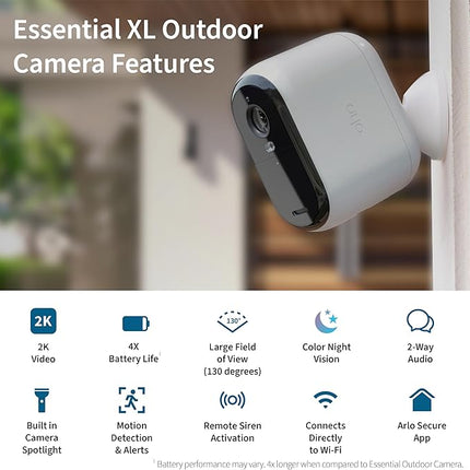 Arlo Essential XL Security Camera 2K | Indoor - Outdoor | 2nd Gen | 4X Longer Battery | Wire-Free with Spotlight, 2-Way Audio, Color Night Vision, Live Stream, Motion Activation, Notifications-White
