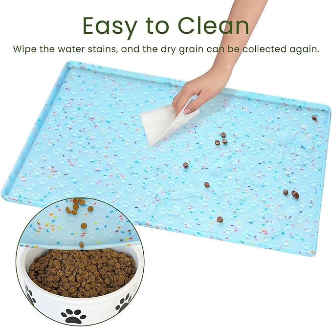 Ptlom Dog Food Mat Anti-Slip Dog Bowl Mats for Food and Water, Waterproof Pet Placemat Prevents Messy Spill to Floor, Silicone Puppy Feeding Tray for Small, Medium and Large Dogs Cats, Blue
