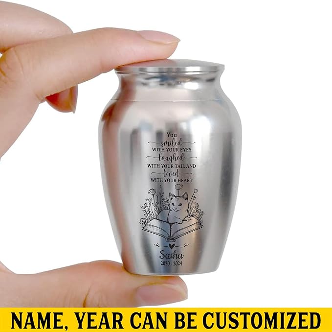 Artsy Woodsy Personalized Pet Memorial Mini Urns - Stainless Steel Decorative Keepsake Urns for Ashes, 2.56 inch, Gifts for Cat Lovers in Loving Memory