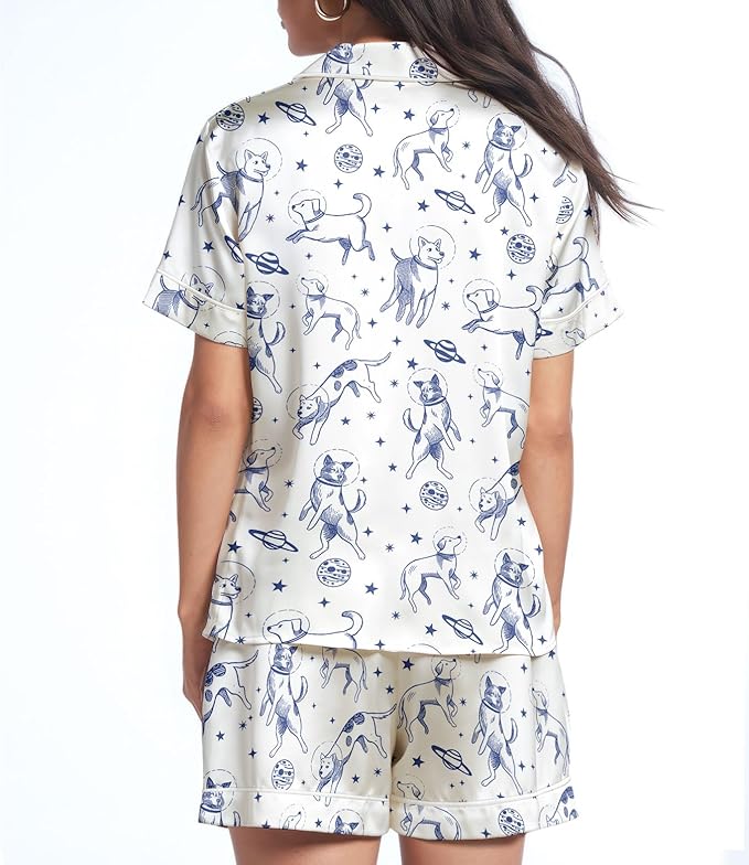 Women’s Silk Satin Pajama Set, Short Sleeve Button Down 2 Piece PJs with Shorts, Cozy Loungewear & Matching Holiday Pajamas