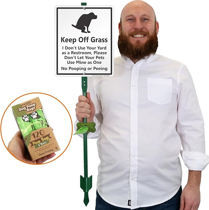 SmartSign Keep Off Grass - No Dog Pooping Or Peeing Yard Sign & Clip-On Preloaded Dispenser Combo/Kit with 135 Dog Poop Waste Bags, 10"x12" Rust-proof Aluminum Sign with 3ft Steel Stake