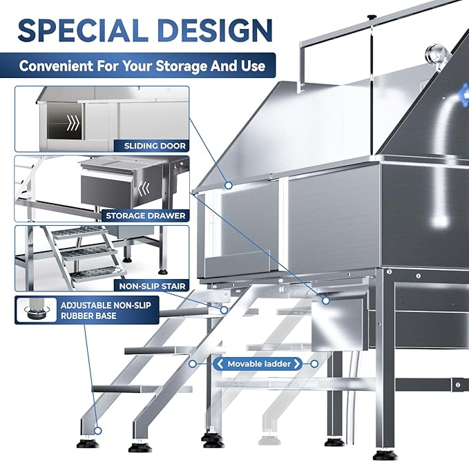 46" Dog Washing Station for Home,Stainless Steel Professional Dog Bathing Station Height Adjustable D og Grooming Tub Ramp, Drawer, Floor Grate & Fauct (L Stair)