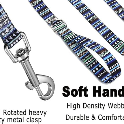 Dog Collar and Leash Set with Bohemia Floral Tribal Geometric Patterns - Soft Ethnic Style Collar Adjustable for Small Medium Large Dogs(Bohemian Blue Set,S)