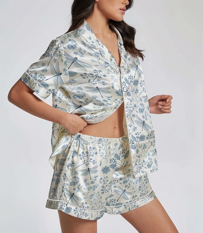 Women’s Silk Satin Pajama Set, Short Sleeve Button Down 2 Piece PJs with Shorts, Cozy Loungewear & Matching Holiday Pajamas