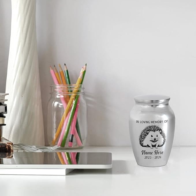 Artsy Woodsy Personalized Hedgehog Pet Memorial Cremation Mini Urn, Decorative Keepsake Small Urns for Ashes 2.56 inch, Remembrance Gifts for Pet Lovers in Loving Memory (01, 2.56x1.77)