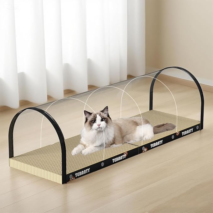 3 Function in 1 Cardboard Cat Scratcher Board, 31.5 in Cat Scratcher House, Cat Scratchers for Indoor Cats, Arched Cats Scratch Pad As Cat Bed, Cat Tunnel for Sleep, Grind Claws (Black)