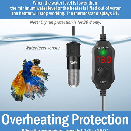 AquaMiracle Adjustable 30W Small Aquarium Heater Submersible Fish Tank Heater Betta Heater Turtle Heater Super Mini Aquarium Heater with Digital Display Thermostat, for 4-6 Gallon Tanks