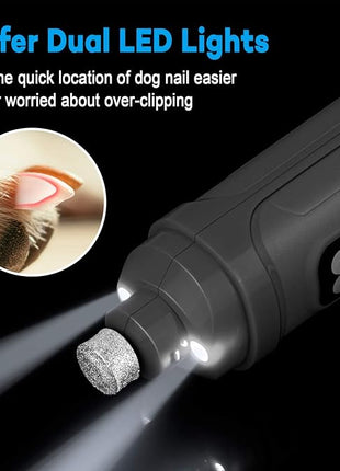 Casfuy Dog Nail Grinder with 2 LED Light - New Version 2-Speed Powerful Electric Pet Nail Trimmer Professional Quiet Painless Paws Grooming & Smoothing for Small Medium Large Dogs and Cats (Grey)