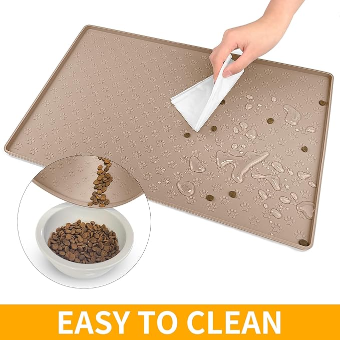 Ptlom Dog Food Mat Anti-Slip Bowl Mats for Food and Water, Waterproof Pet Placemat with High Raised Edges, Silicone Puppy Feeding Tray for Small, Medium Large Dogs Cats, Taupe, 31.5" 23.6"