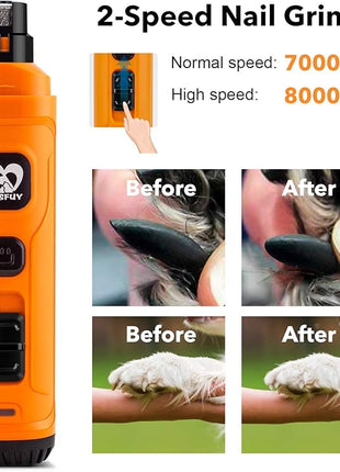 Casfuy Dog Nail Grinder with 2 LED Light - New Version 2-Speed Powerful Electric Pet Nail Trimmer Professional Quiet Painless Paws Grooming & Smoothing for Small Medium Large Dogs and Cats (Orange)