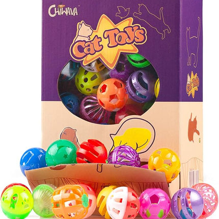 CHIWAVA 48 Pack Plastic Noisy Cat Toy Balls with Bell Kitten Chases Toy 8 Type Assorted Color Size
