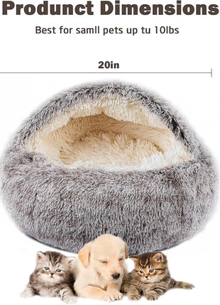 Cat Bed for Indoor Cats, Calming Cozy Cave with Self-Warming Plush, Entire Bed Machine Washable & Anti-Slip Base, Breathable Pet Bed for Small Cats&Dogs All Seasons (Khaki, 20 * 20inch)