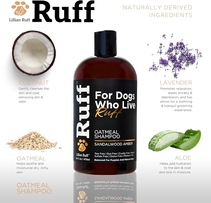 RUFF by Lillian Ruff Oatmeal Dog Shampoo | Sandalwood Amber | Professional Dog Shampoo With Aloe & Coconut Oil | Relieves Itching & Hot Spots | Moisturizing & Deodorizing | Safe for Puppies | USA Made