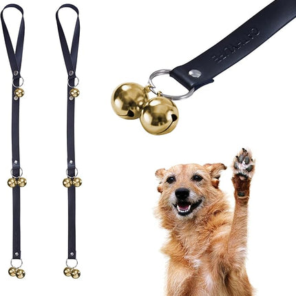 Leather Dog Doorbells for Door Knob/Potty Training/Go Outside, Length Adjustment Copper Dog Bell, Housetraining Hanging Bell, Black Leather Golden Bells - 2 Pack