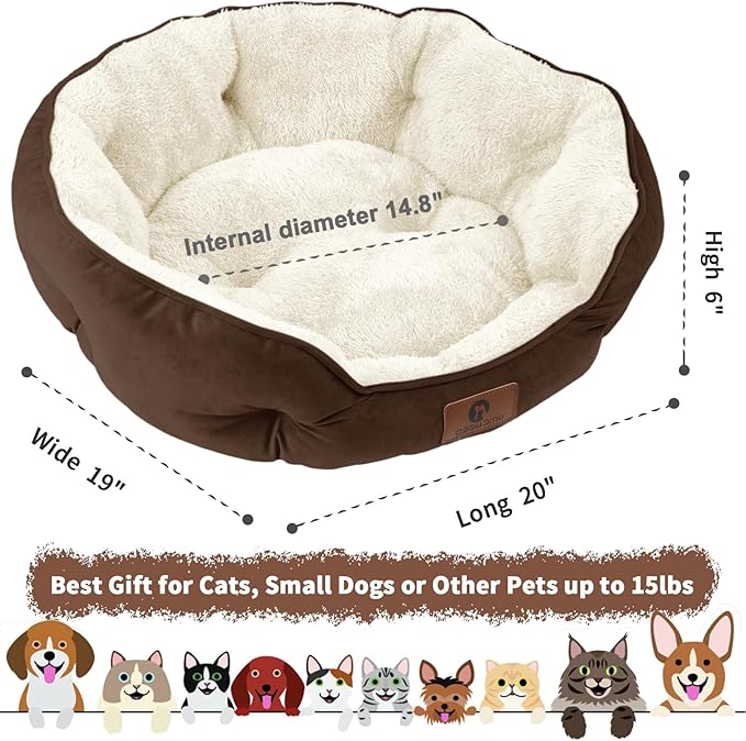 Asvin Small Dog Bed for Small Dogs, Cat Beds for Indoor Cats, Pet Bed for Puppy and Kitty, Extra Soft & Machine Washable with Anti-Slip & Water-Resistant Oxford Bottom, Brown, 20 inches
