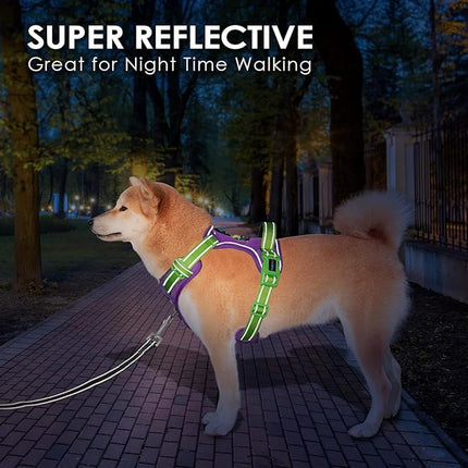 PHOEPET No Pull Dog Harness, Unique Colors Reflective Adjustable Dog Vest, with Soft Training Handle Metal Clips for Small Medium Large Dogs (Purple Base & Green Straps,XL)