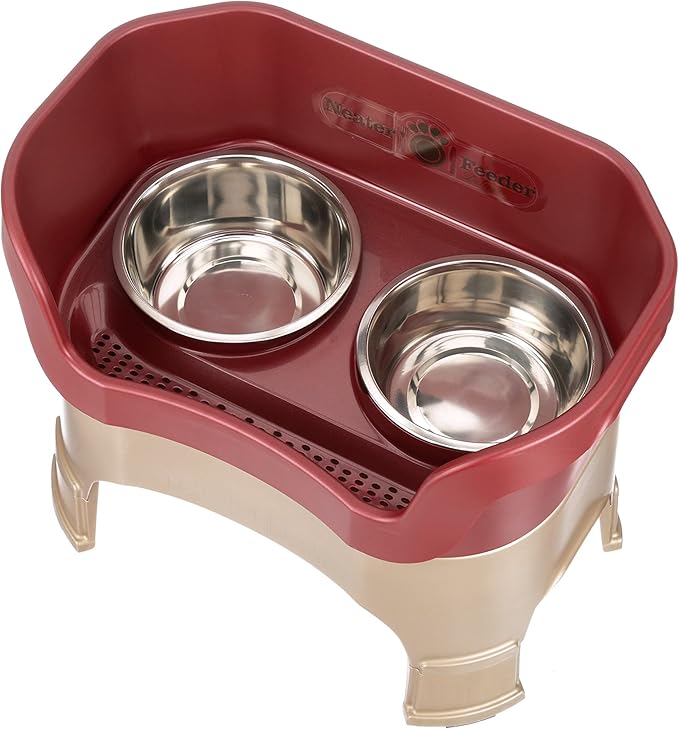 Neater Feeder Deluxe Mess Proof Dog Bowls Elevated for Large Dogs – Made in USA – No Spill Raised Dog Food Bowl Stand w/Leg Extensions – Stainless Steel Dog Food and Water Bowl Set – Red
