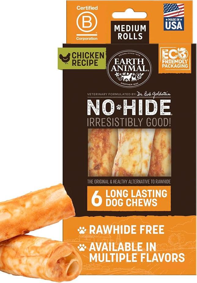 Earth Animal No Hide Chews - Long Lasting Rawhide Free Medium Dog Chews Rolls, Chicken - 6 Count