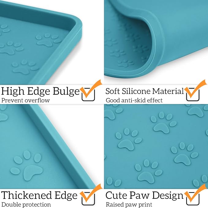 Ptlom Dog Food Mat Anti-Slip Pet Bowl Mats for Food and Water, High-Lips Pet Placemat Prevent Messy Spills to Floor, Waterproof Puppy Feeding Tray for Small, Medium Large Dogs Cats, Silicone