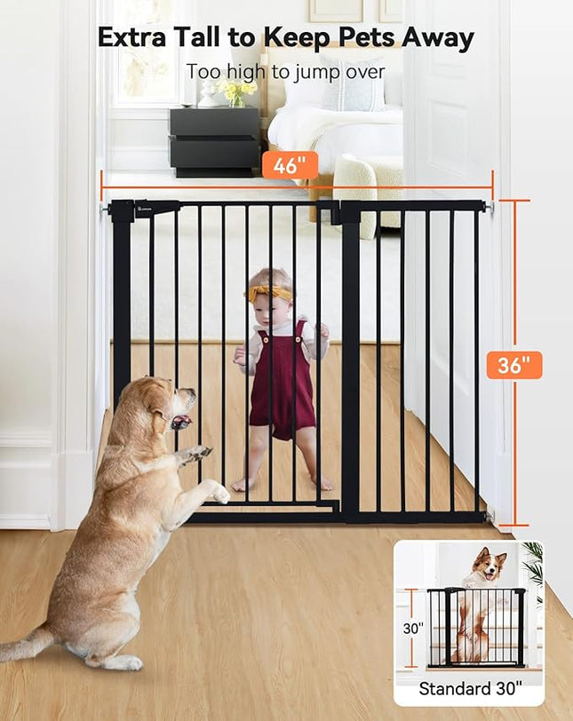 COMOMY 36" Extra Tall Baby Gate for Stairs Doorways, Fits Openings 29.5" to 46" Wide, Auto Close Extra Wide Dog Gate for House, Pressure Mounted Easy Walk Through Pet Gate with Door, Black