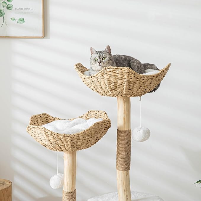 Modern Cat Tree for Indoor Cats Large Adult, 46" Tall Wooden Cat Tower for Large Cats with Scratching Post, Luxury Cat Condo, White