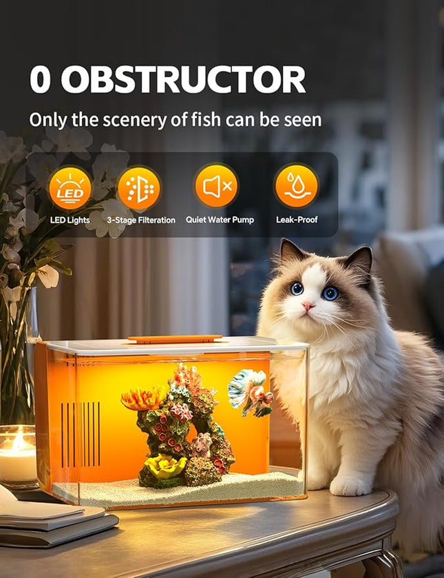 2.5 Gallon Fish Tank Small Aquarium Starter Kit with Hidden Filtration, 3 Color Light, Self Cleaning Nano Tank for Betta, Shrimp, Guppy, Angelfish