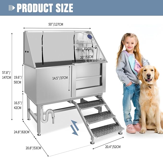 Professional Stainless Steel Dog Grooming Tub W/Soap Box, Faucet,Rich Accessory, Bathtub For Multiple Pets, Washing Sink For Home