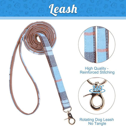 EXPAWLORER Classic Plaid Dog Collar with Bow Tie and 360 Swivel No Tangle Leash - Adjustable for Small Medium Dogs, Cats, Sky Blue SM