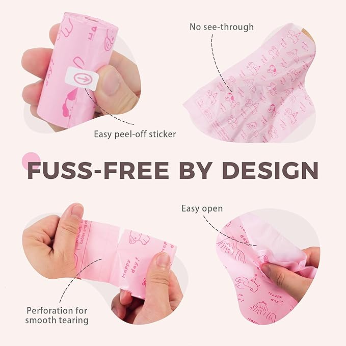 Pink Poop Bags for Dogs - 128 Count, 60% Recycled Plastic Baby Powder Scented Dog Poop Bags - Easy-Peel Sticker, Leak-Proof, Extra Strong & Thick - Perfect for Diapers, Cat Litter (8 Rolls)