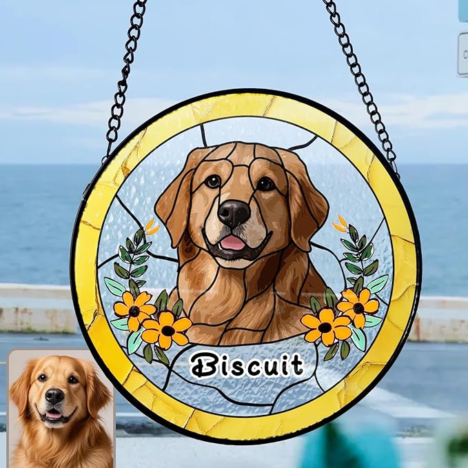 Gabita Custom Pet Portrait Stained Glass Ornaments, Memorial Dog Portrait Art Window Hanging, Dogs Cat Ornament Christmas Tree, Dog Sympathy Gift, Pet Memorial Ornament