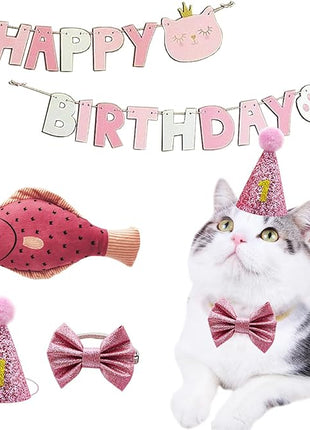 Cat Birthday Hat Girl Happy Birthday Decorations Outfit Banner Party Supplies Bow tie Collar Catnip Chew Biting Kick Toys for Cat Girl (Pink)