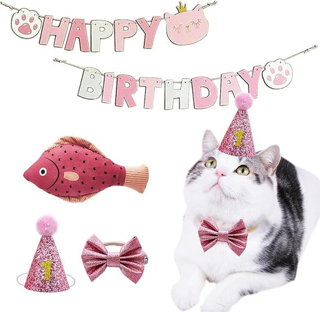 Cat Birthday Hat Girl Happy Birthday Decorations Outfit Banner Party Supplies Bow tie Collar Catnip Chew Biting Kick Toys for Cat Girl (Pink)