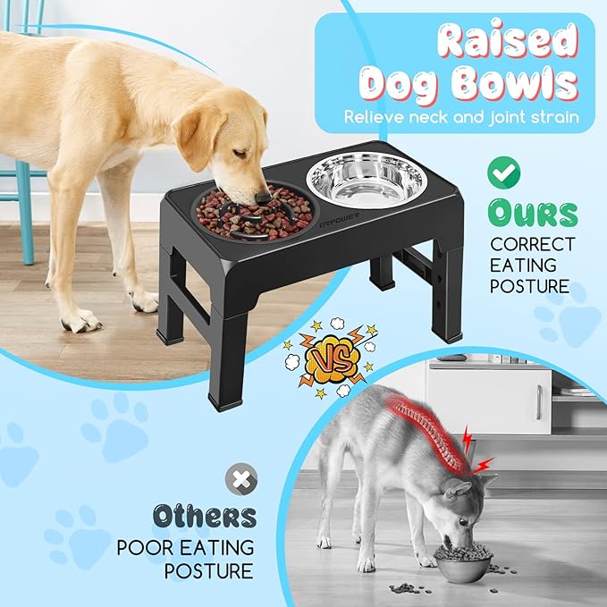 URPOWER Raised Slow Feeder Dog Bowls 4 Height Adjustable Elevated Bowl Stand with Stainless Steel Water Bowl and Slow Feeder Non-Slip Dog Food Bowls Stand for Small Medium Large Dogs and Pets