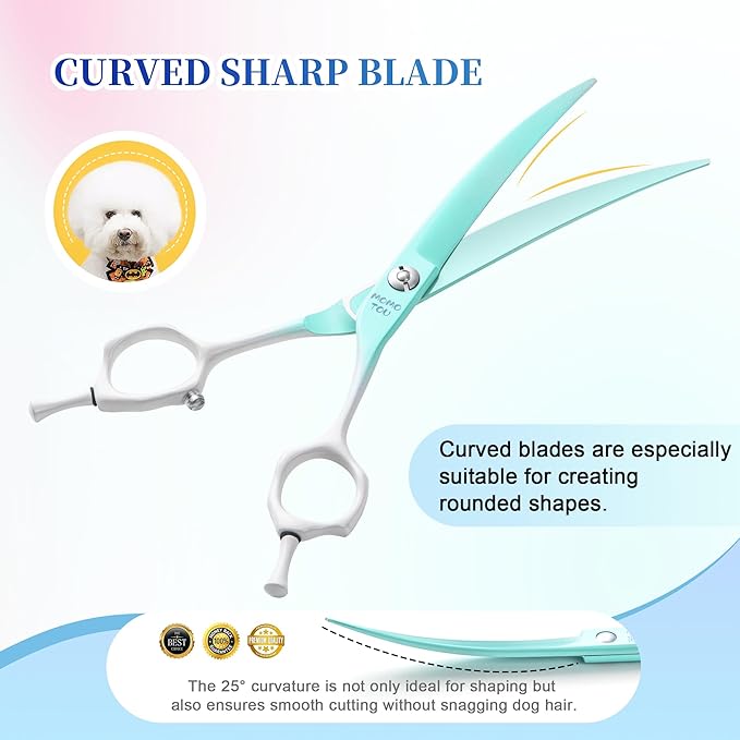 Curved Dog Grooming Scissors Green to White Gradient 440C Stainless Steel Sharp Durable Dog Shears for Professional or Home Use Ergonomic Handle with 2 Silicone Finger Rings