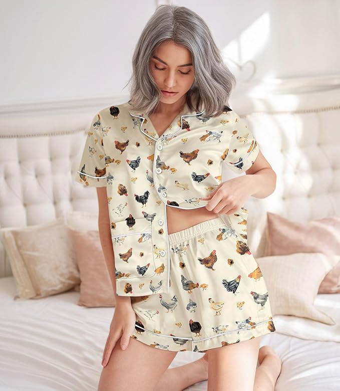 Women’s Silk Satin Pajama Set, Short Sleeve Button Down 2 Piece PJs with Shorts, Cozy Loungewear & Matching Holiday Pajamas