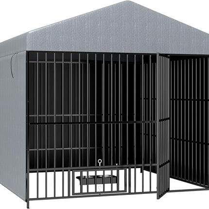 Large Outdoor Dog Kennel with Roof, 6.6’ x 6.6’ x 6.4’ Metal Pet Enclosure, UV & Weatherproof, Spacious Dog Run with Adjustable Feeders Suitable for Dogs, Chickens, Rabbits & More