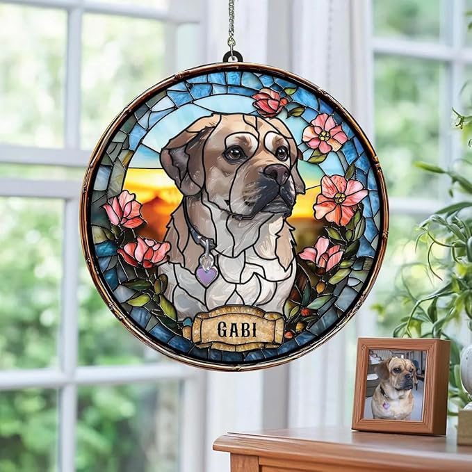 Custom Dog Portrait Stained Glass Window Hanging Light Catcher, Pet Memorial Stained Glass Photo, Dog Memorial Gift Pet Loss Gift