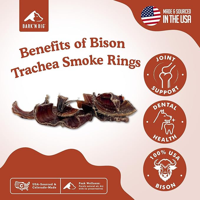 BARK'N BIG Bison Trachea Dog Chews – Natural Trachea for Dogs with Glucosamine & Chondroitin – Single Ingredient Bison Dog Treats – Made in USA - 1 Inch - 10 oz
