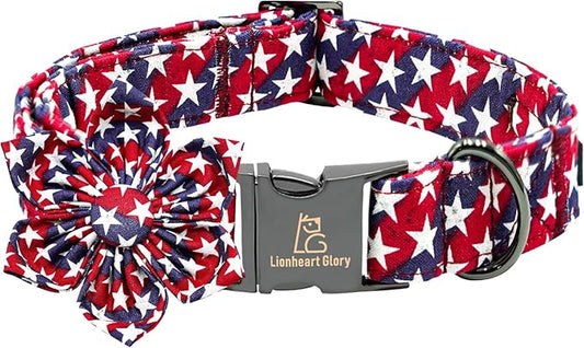 Lionheart glory American Flag Dog Collar 4 of July Dog Collars with Flower Independence Patriotic Dog Flower Collars Heavy Duty Adjustable Collar Flower for Small Dogs Pet Gift