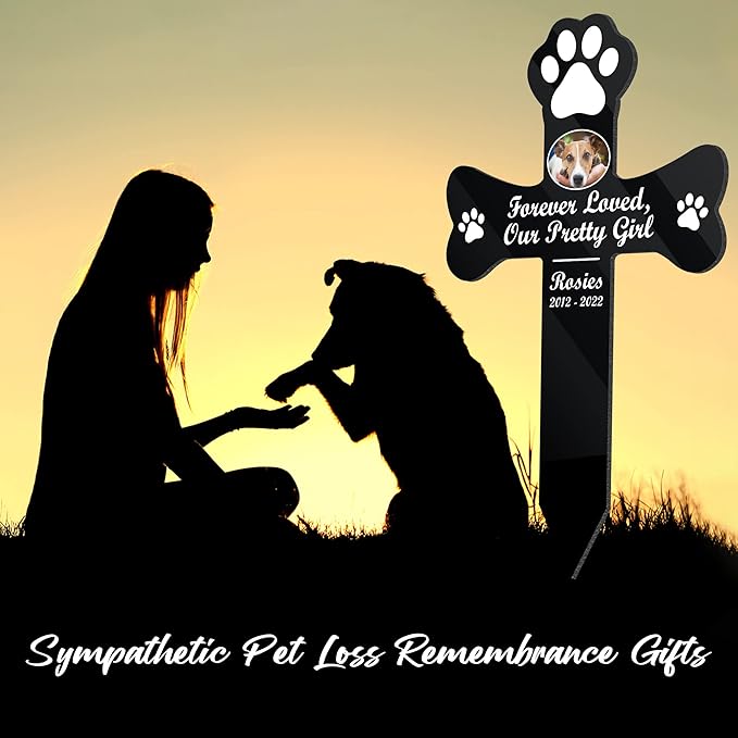 Personalized Pet Memorial Garden Stake Dog Paw Photo Grave Marker Cross Outdoor for Loss of Dogs and Cats Pet Remembrance Gifts Custom Plaque Stake Grief Funeral In Loving Memory Animal Cross