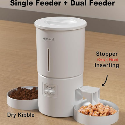 Dual Automatic Cat Feeder 2 Cats,6 Meals/Day,12 Portions/Meal,4.2L Dual Power Double Bowls Feeder,Dry Food Auto Pet Dispenser,10S Voice Record,Flexible Schedule Timer(White,Stainless Dual Bowls)