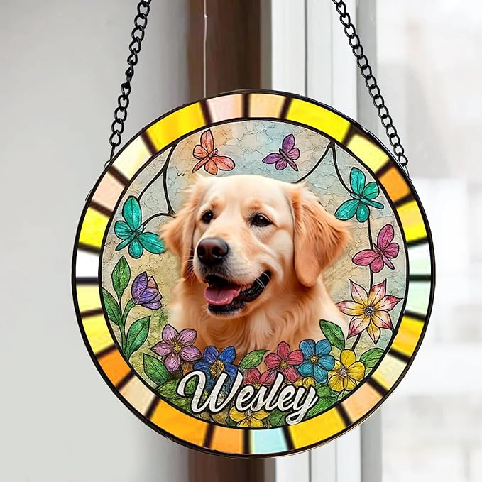 Gabita Custom Pet Portrait Stained Glass Window Hanging, Memorial Dog Portrait Art Light Catcher, Dogs Ornament Christmas Tree, Dog Sympathy Gift, Pet Memorial Ornament