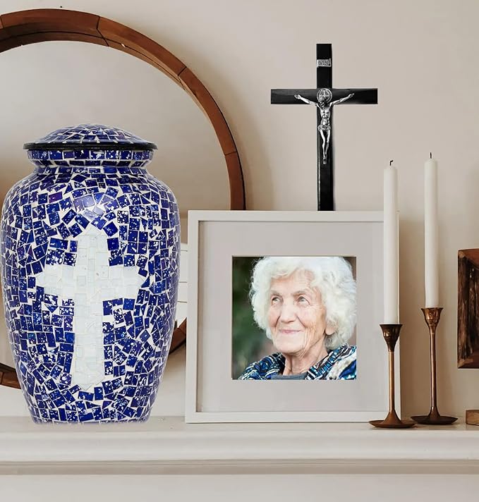 Liliane Memorials Mosaic Glass Cremation Urn - Hand Made Funeral Urn for Human Ashes - Large Adult Size - 200 cu in (Blue-White Cross)