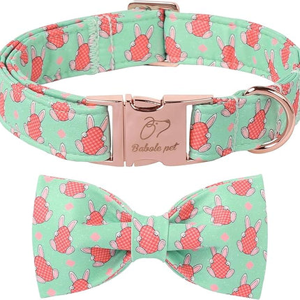 Dog Collar with Easter Bunny Egg Pattern Bow Tie - Adjustable Heavy Duty Spring Bowtie Collar for Small Medium Large Dogs S
